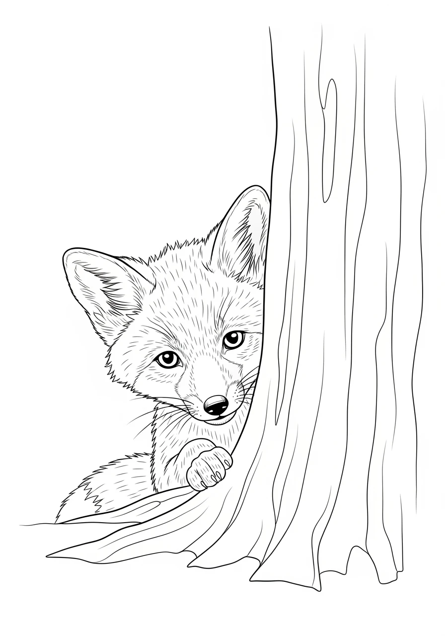 Ausmalbild Fuchs am Baumstamm