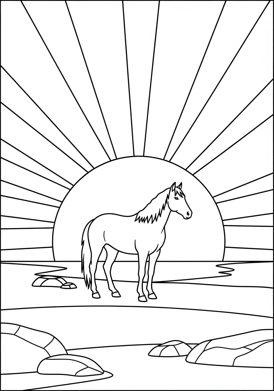 Pferd vor der untergehenden Sonne
