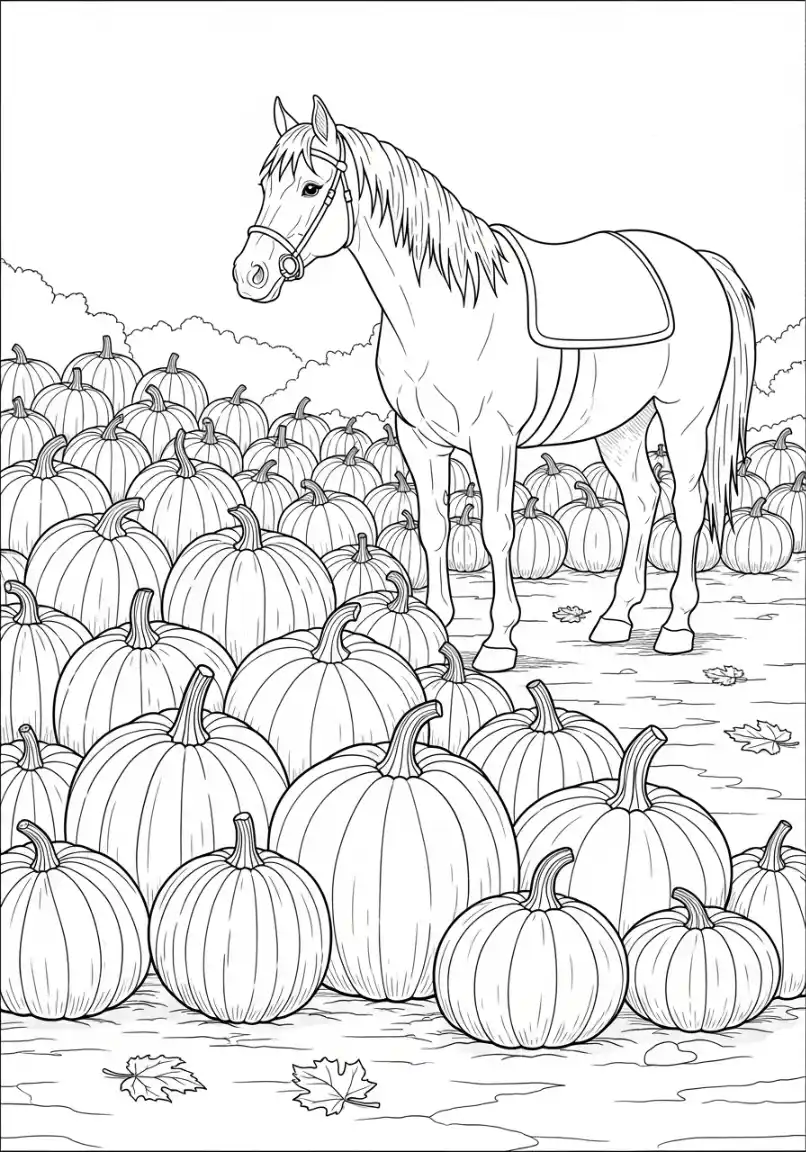 Pferd im herbstlichen Kürbisfeld