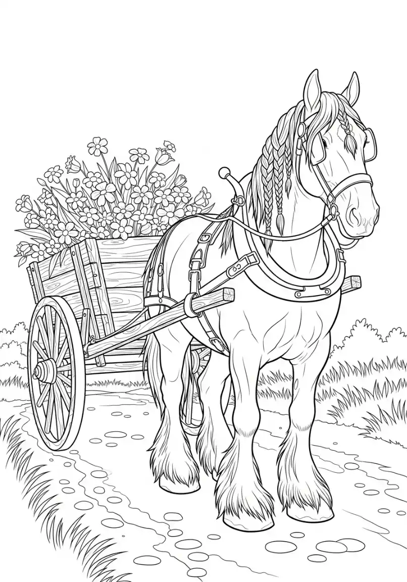 Mächtiges Shire Horse mit Blumenwagen
