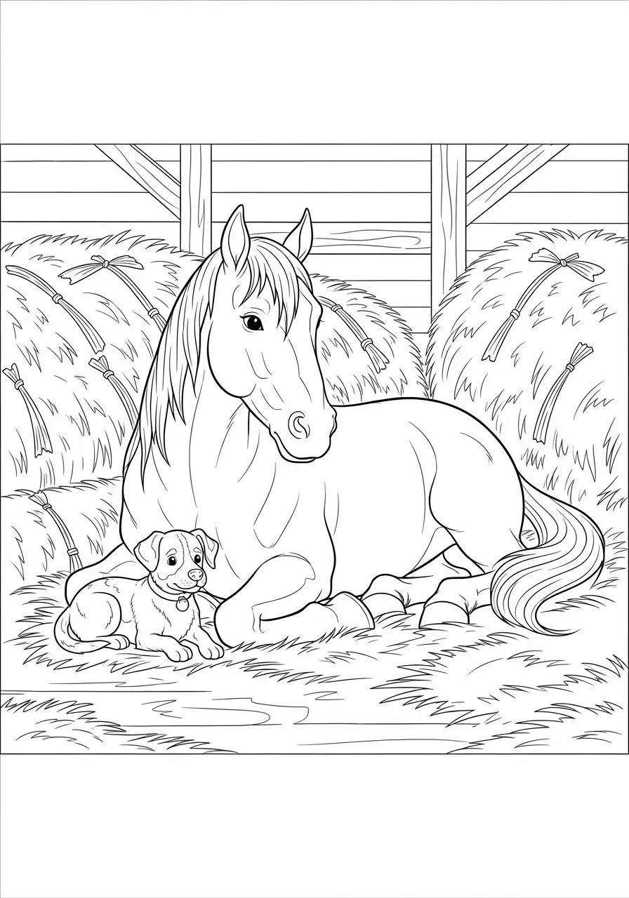Pferd und Hund im Heu