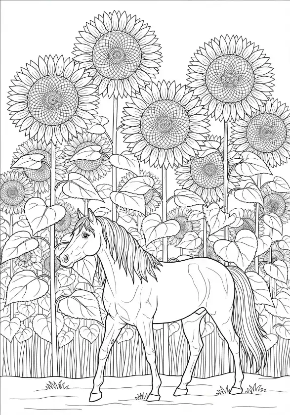 Pferd im hohen Sonnenblumenfeld