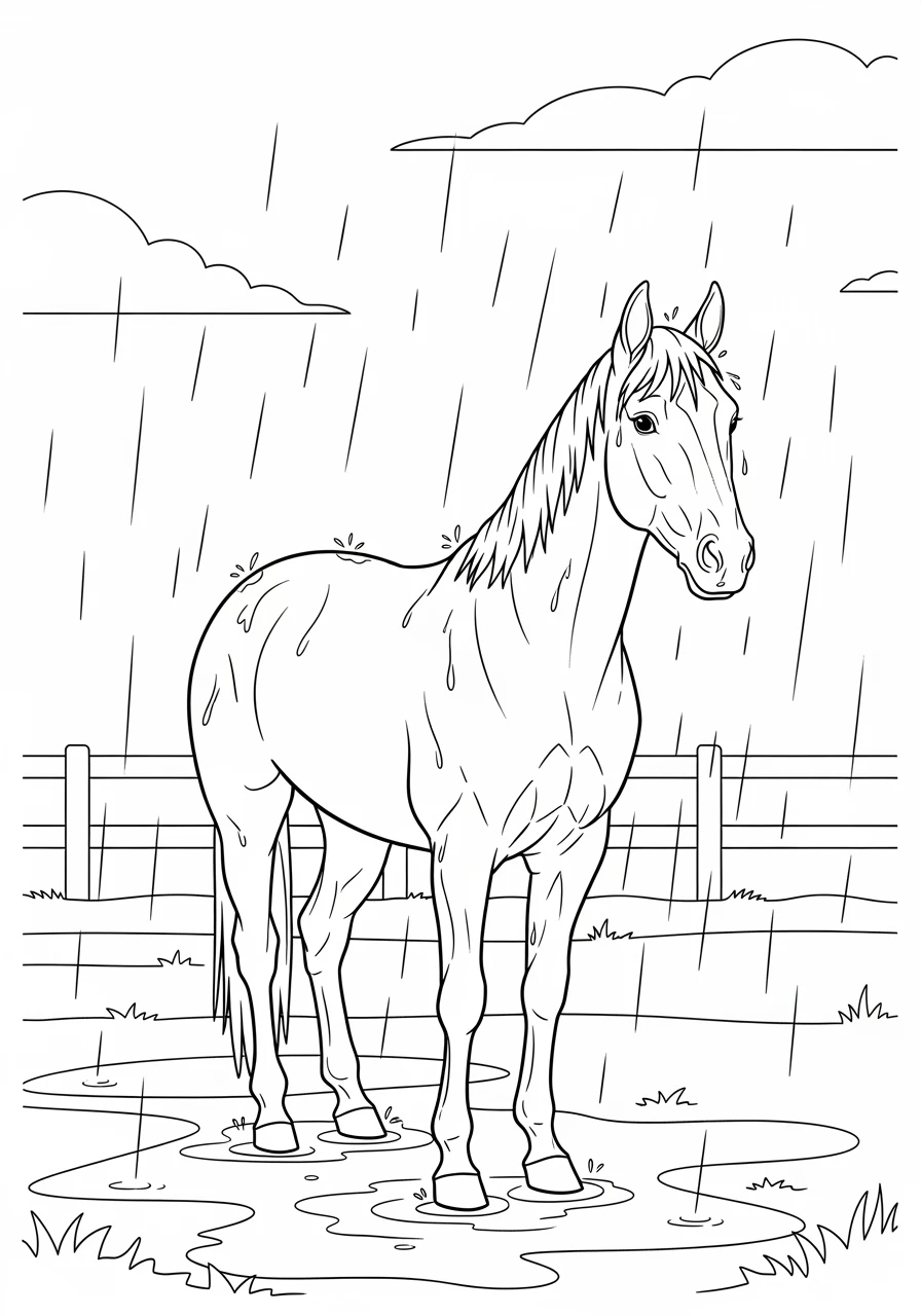 Pferd im Regen am Zaun