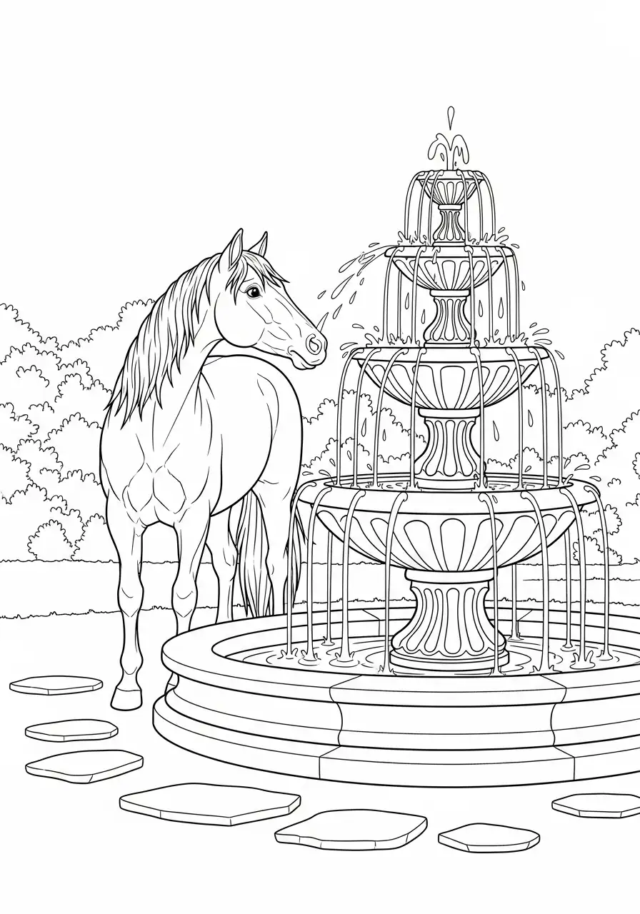 Pferd am antiken Springbrunnen