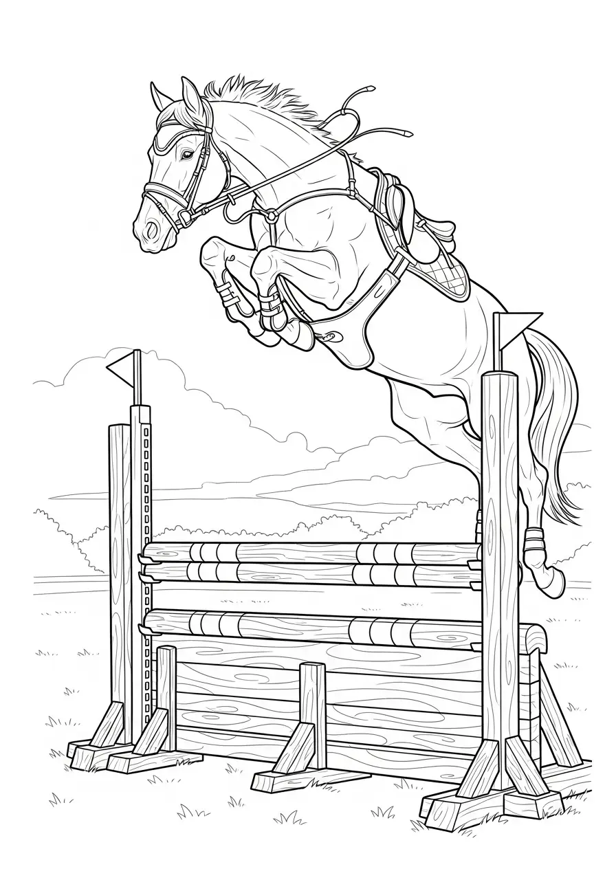 Sportliches Ausmalbild Pferd beim Sprung