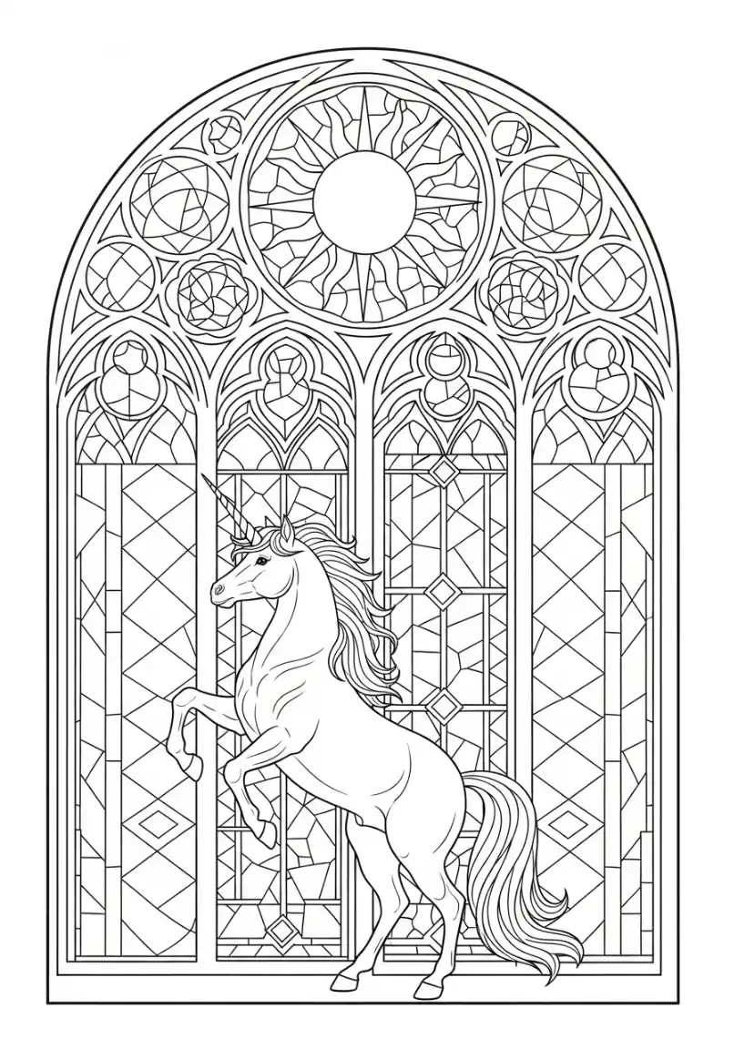 Einhorn vor prachtvollem Sonnenfenster