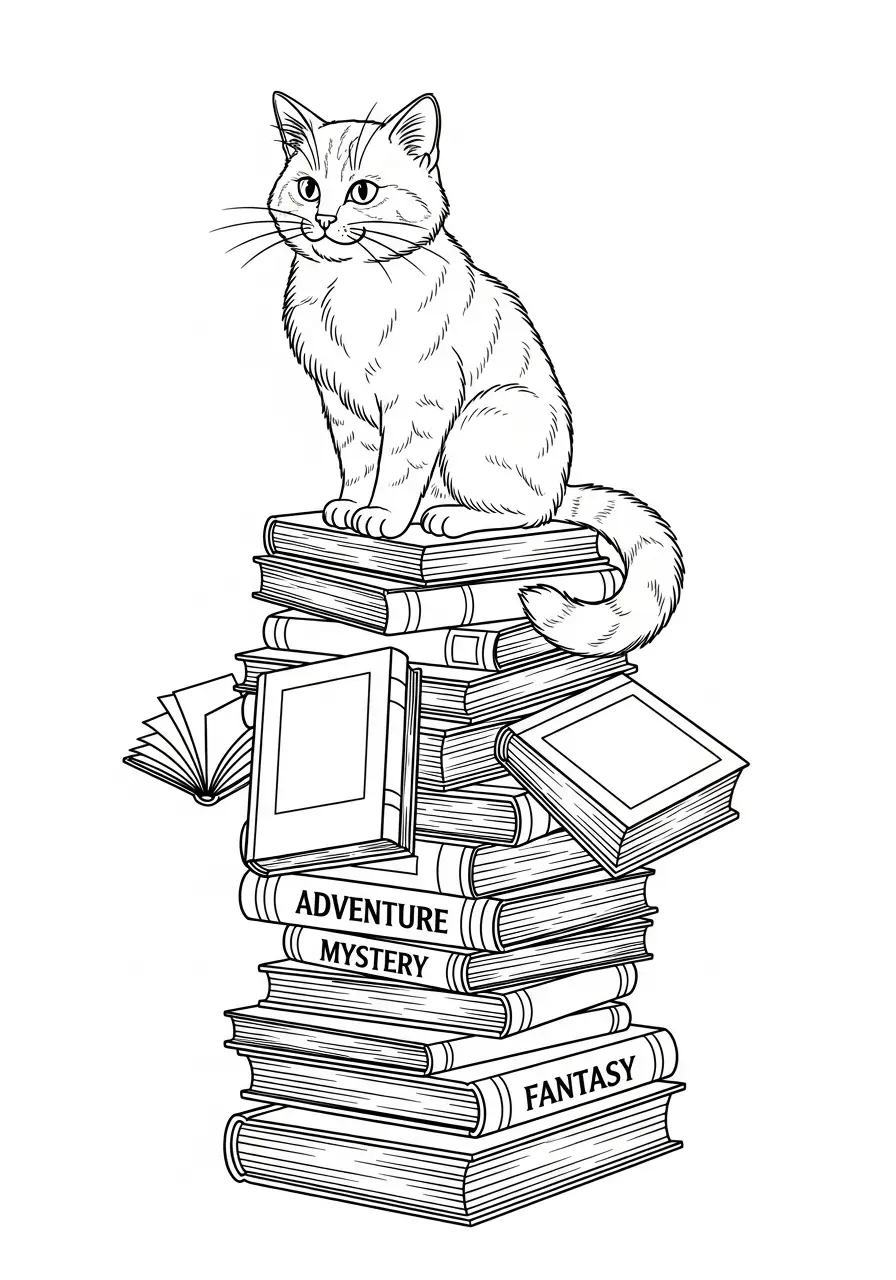 Katze auf einem Bücherstapel