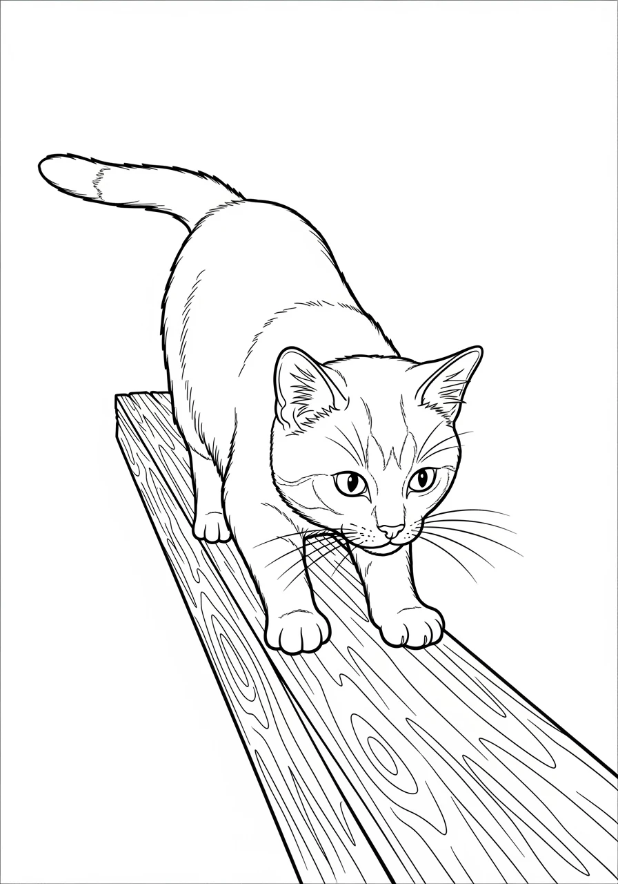Katze auf schmalem Holzbalken
