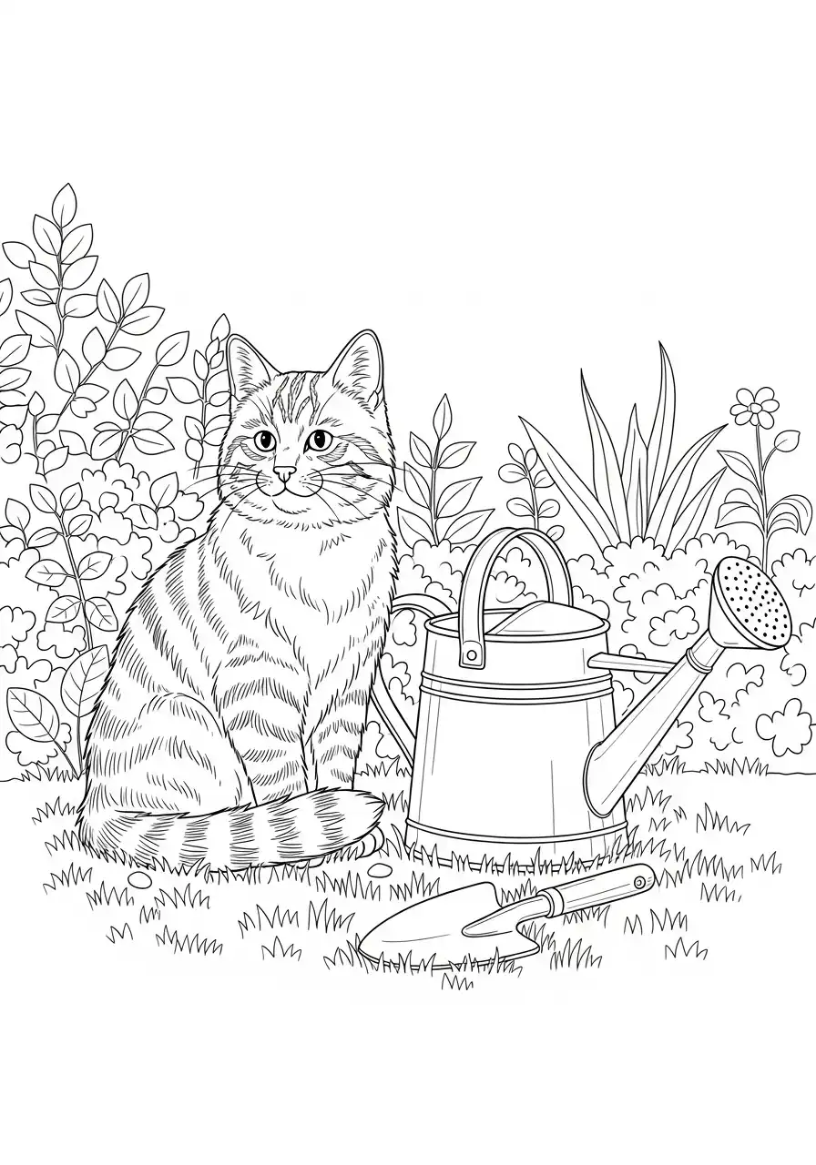 Katze neben Gießkanne im Garten