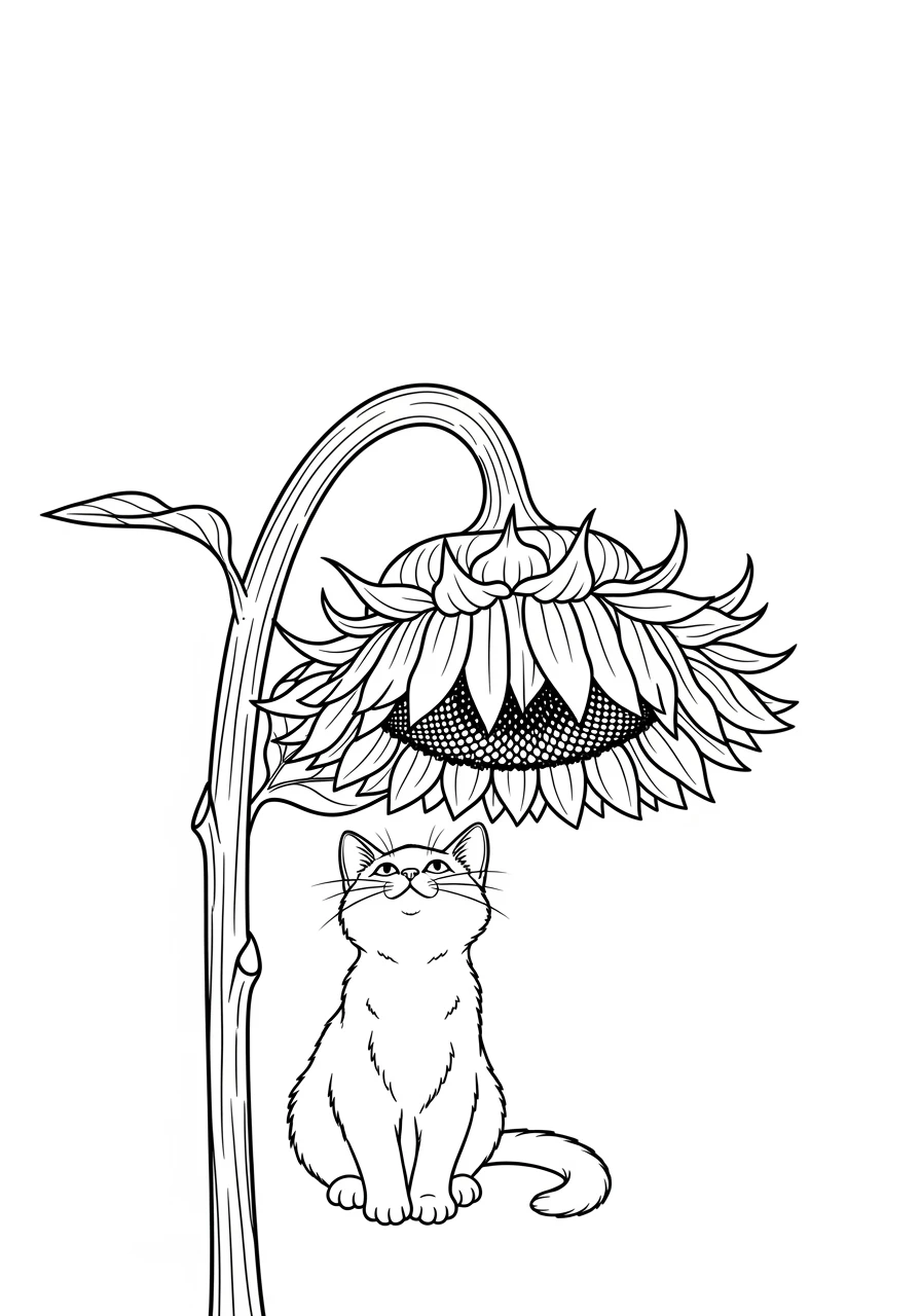 Katze unter einer Sonnenblume