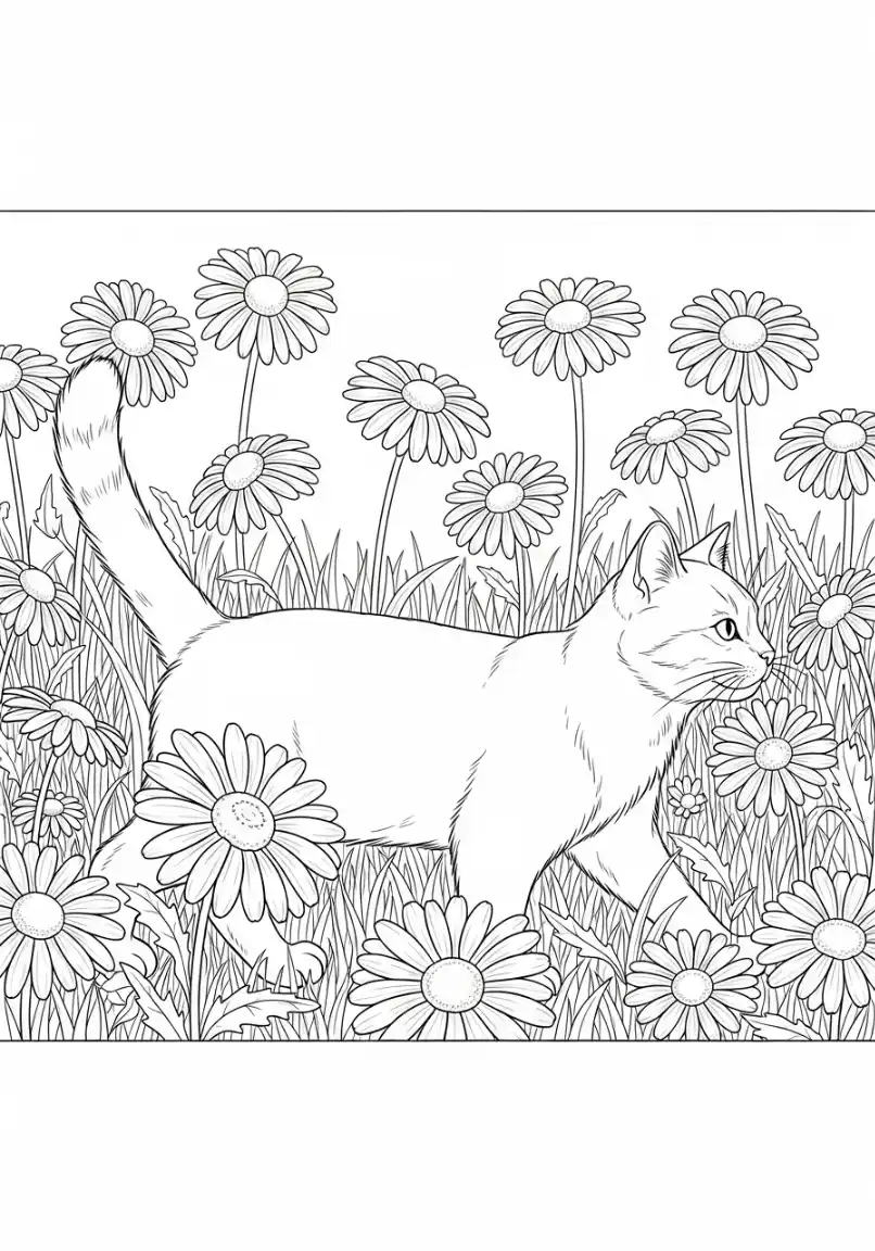 Katze wandert durch Gänseblümchen