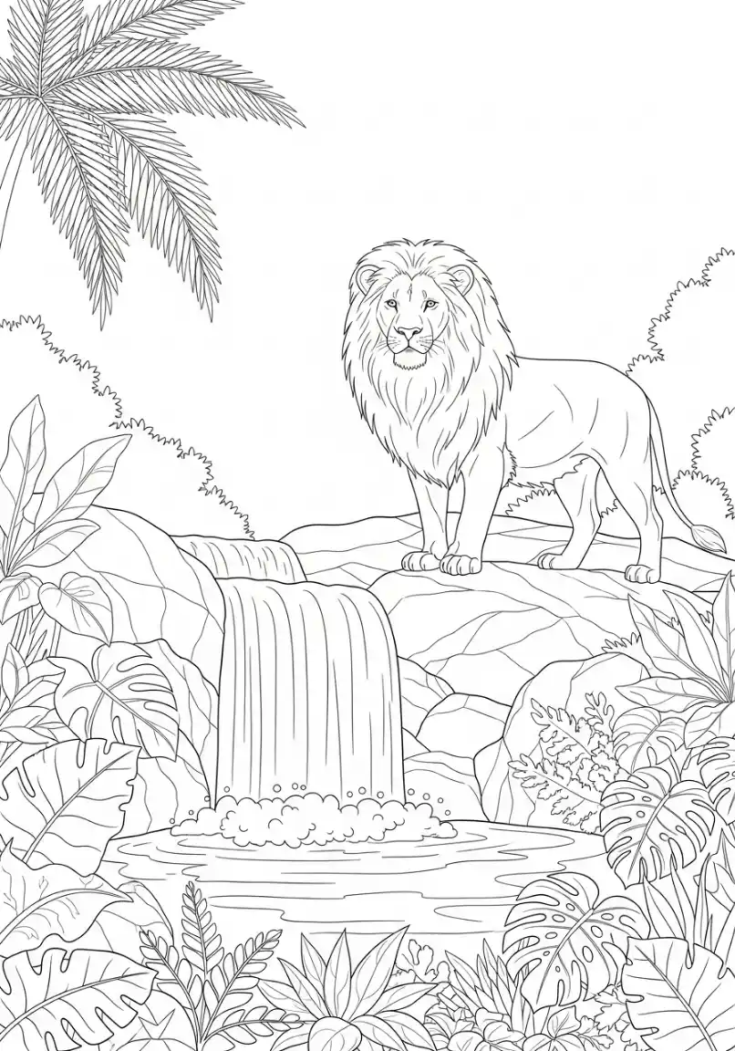 Löwe am Dschungelwasserfall