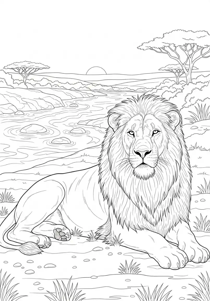 Löwe ruht am Flussufer