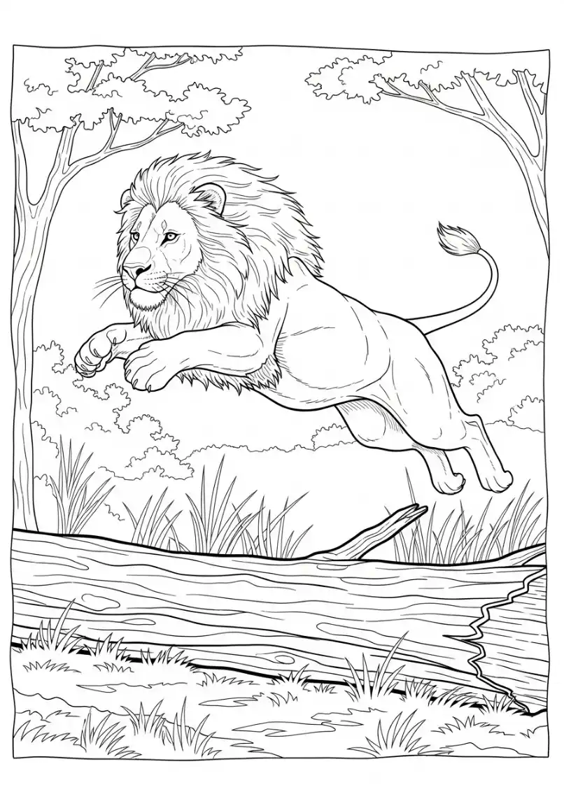 Löwe springt über Baumstamm