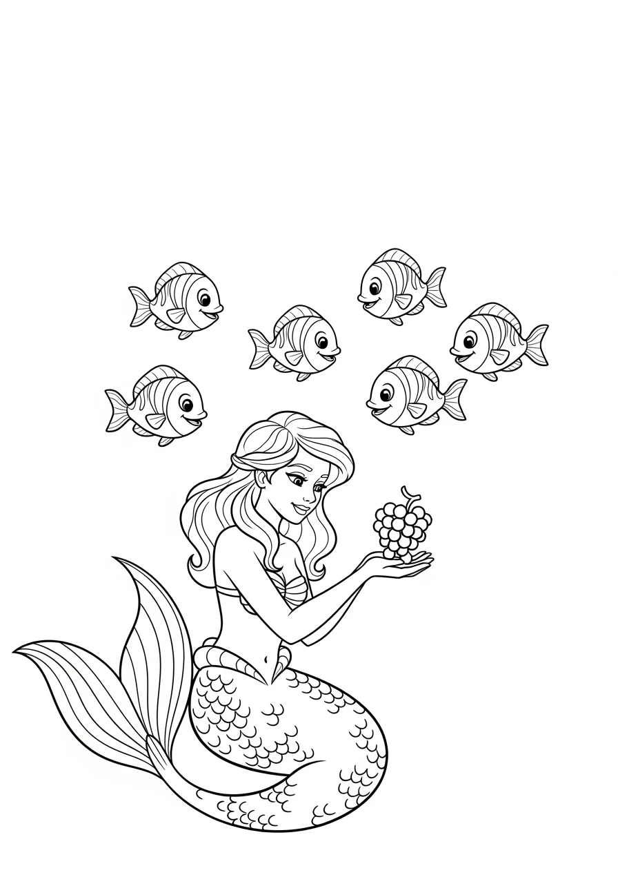 Meerjungfrau füttert kleine Fische