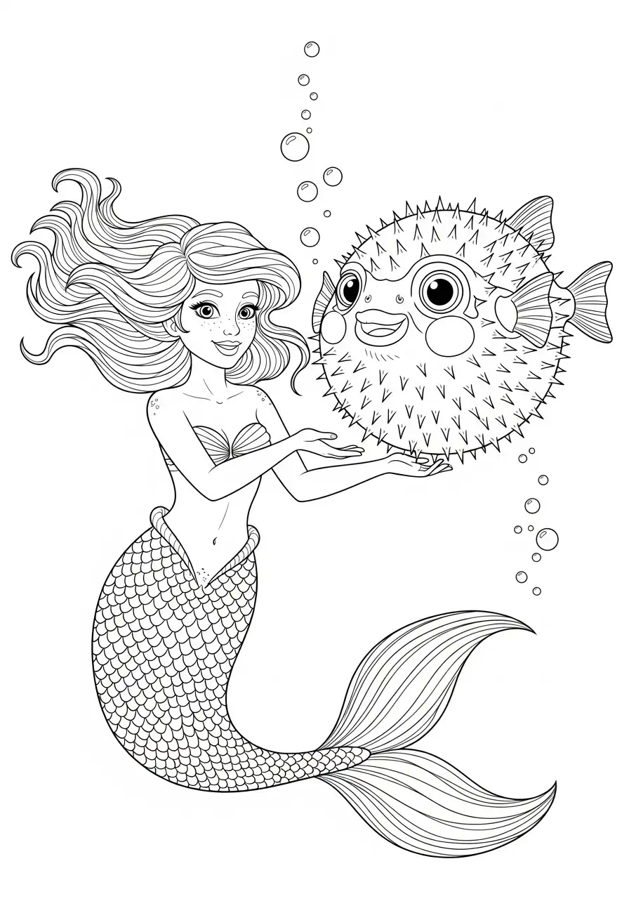 Meerjungfrau spielt mit Kugelfisch