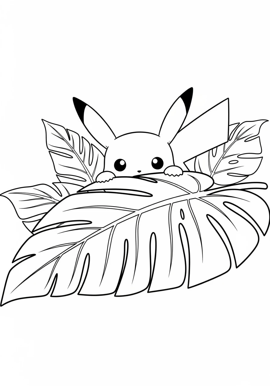 Pikachu Ausmalbild hinter einem Blatt