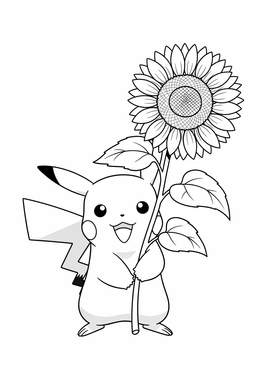Pikachu mit einer riesigen Sonnenblume