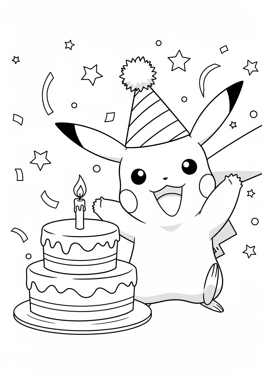 Pikachu mit Partyhut und Torte