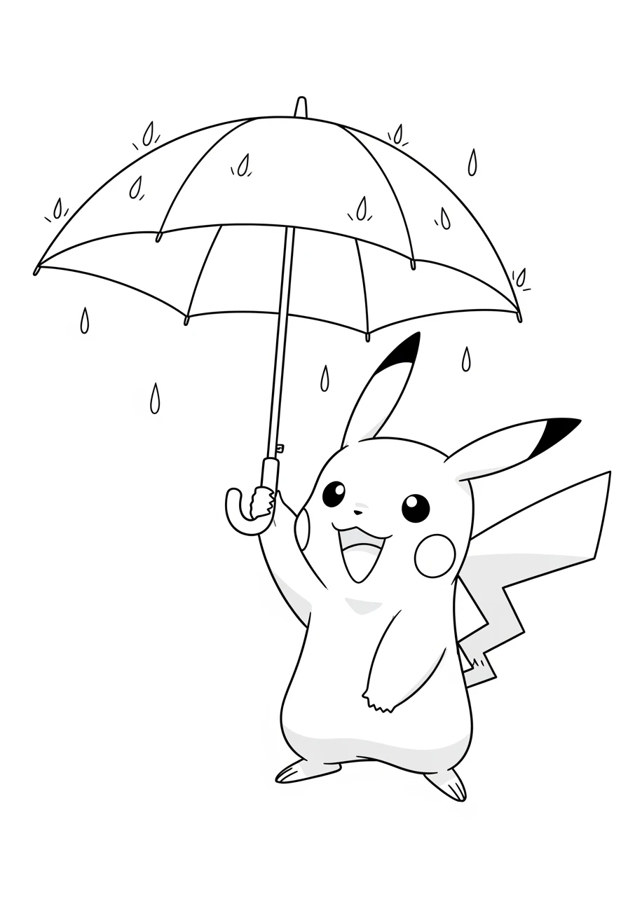 Pikachu mit Regenschirm im Regen