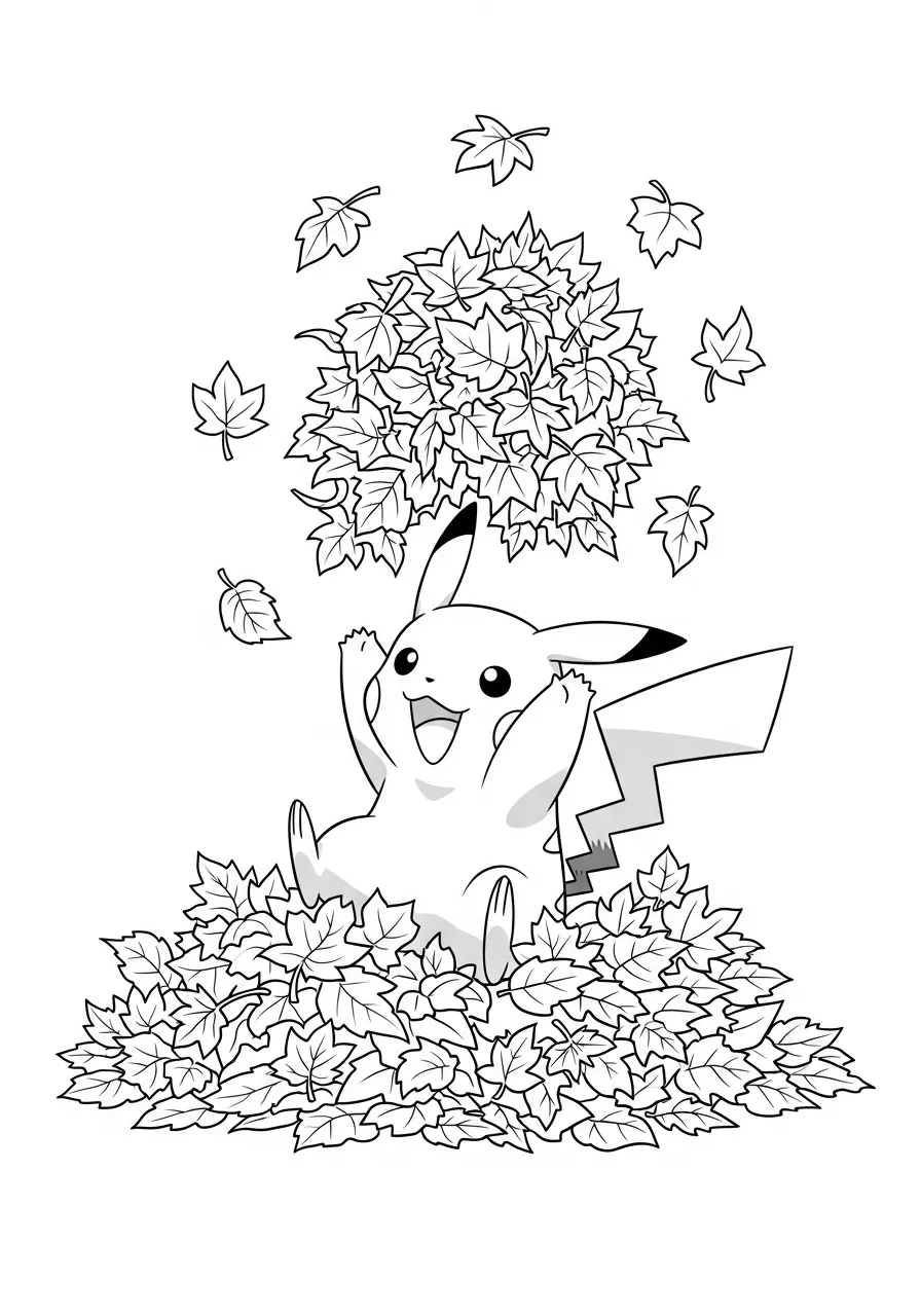 Pikachu spielt im Herbstlaub