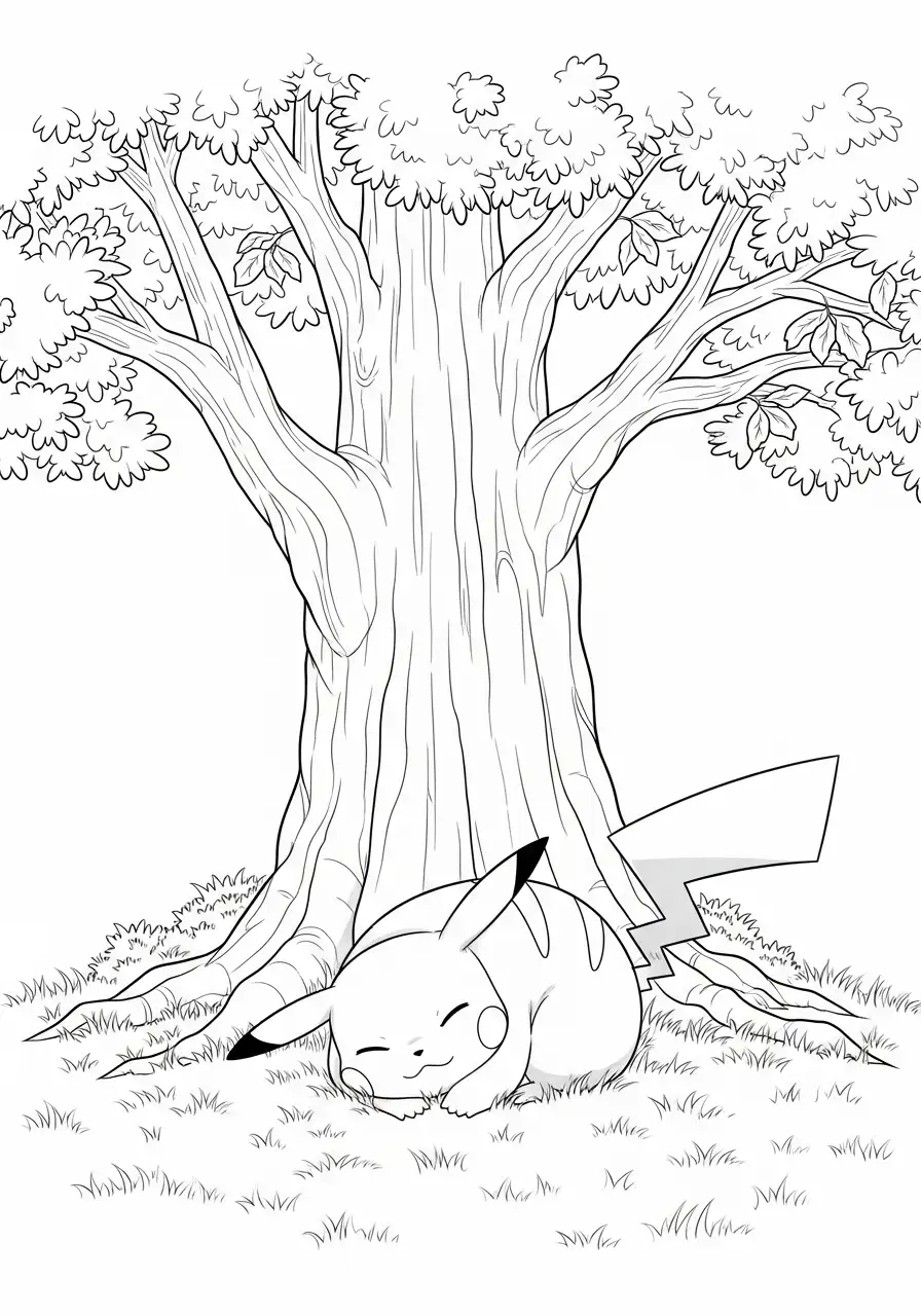 Schlafendes Pikachu unter einem Baum
