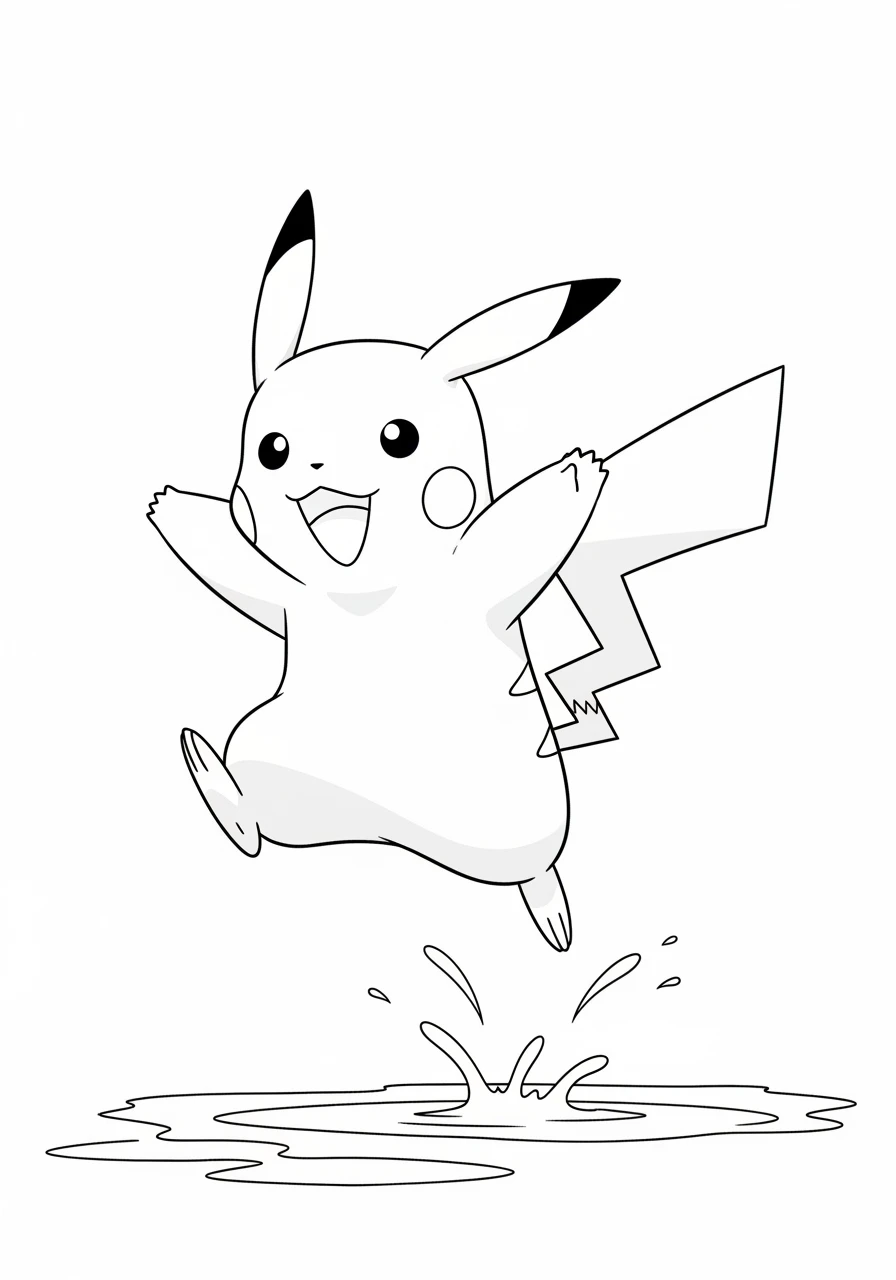 Springendes Pikachu Ausmalbild über Pfütze
