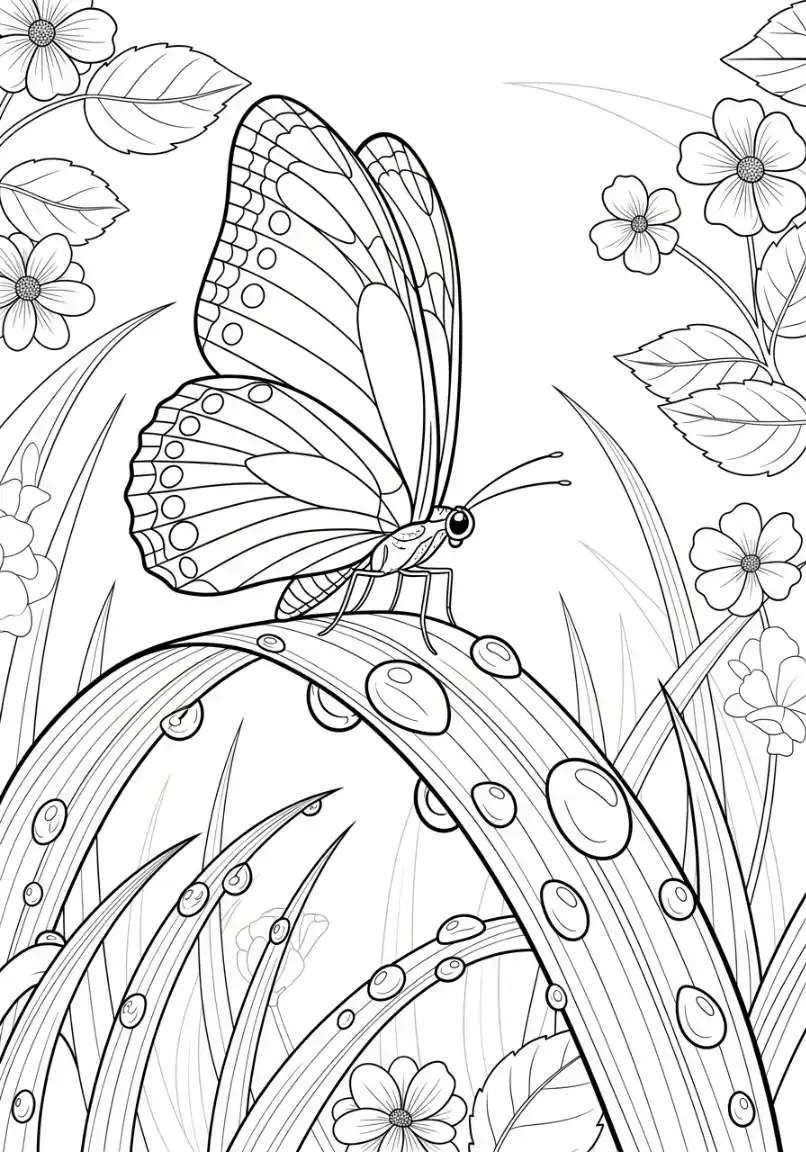 Schmetterling auf taufrischem Grashalm