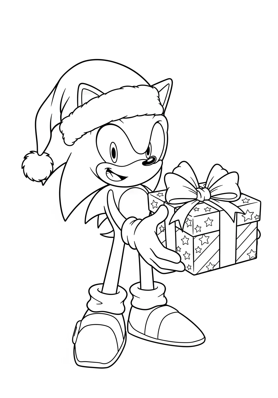 Sonic mit Weihnachtsmütze und Geschenk