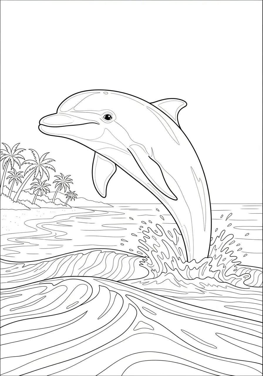 Ausmalbild Delfin am Tropenstrand