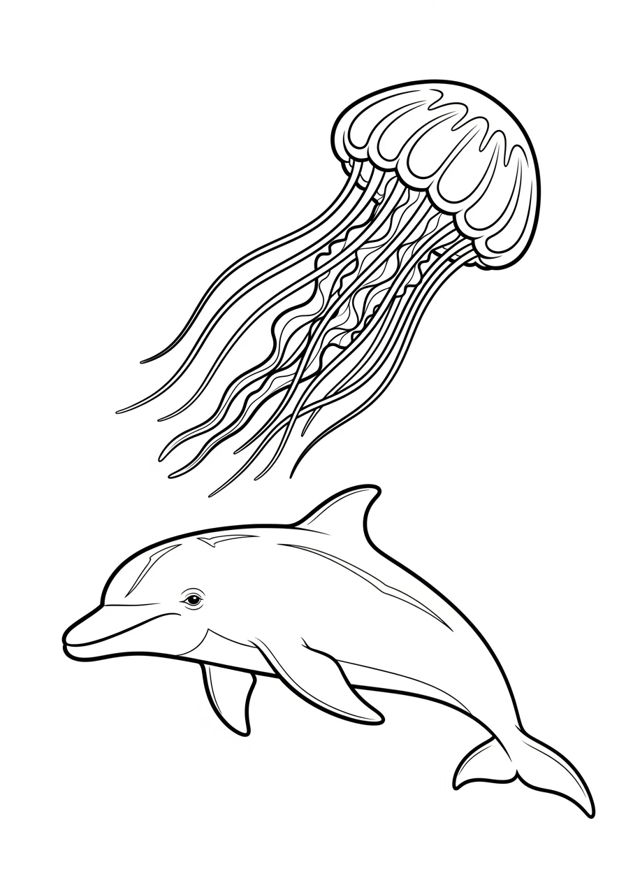 Delfin mit schwebender Qualle