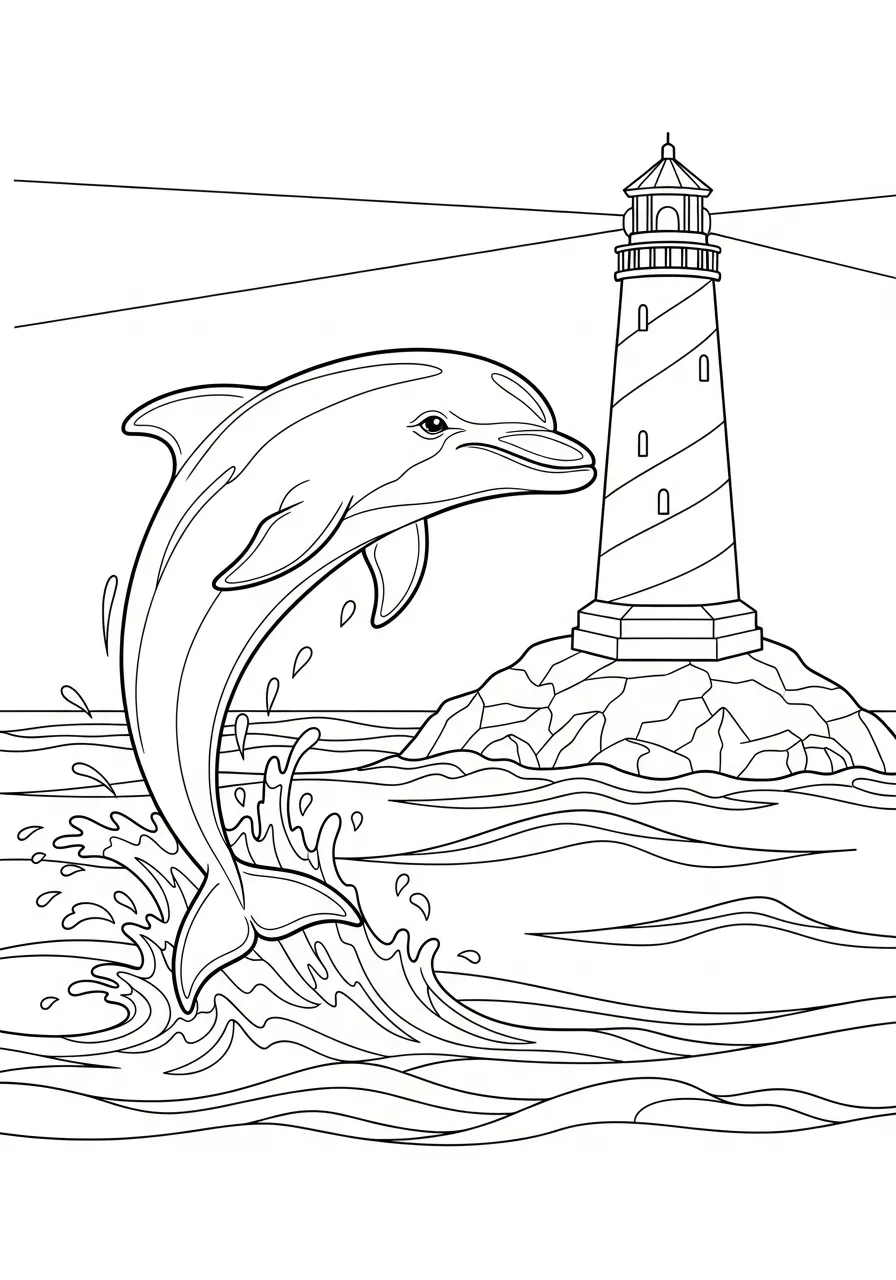 Delfin springt am Leuchtturm