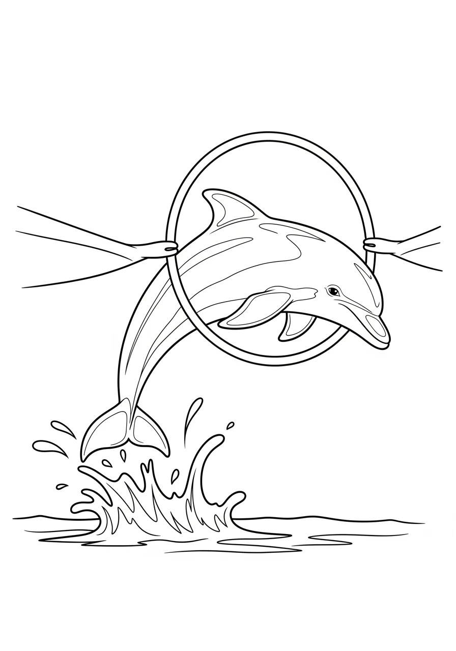 Delfin springt durch einen Reifen
