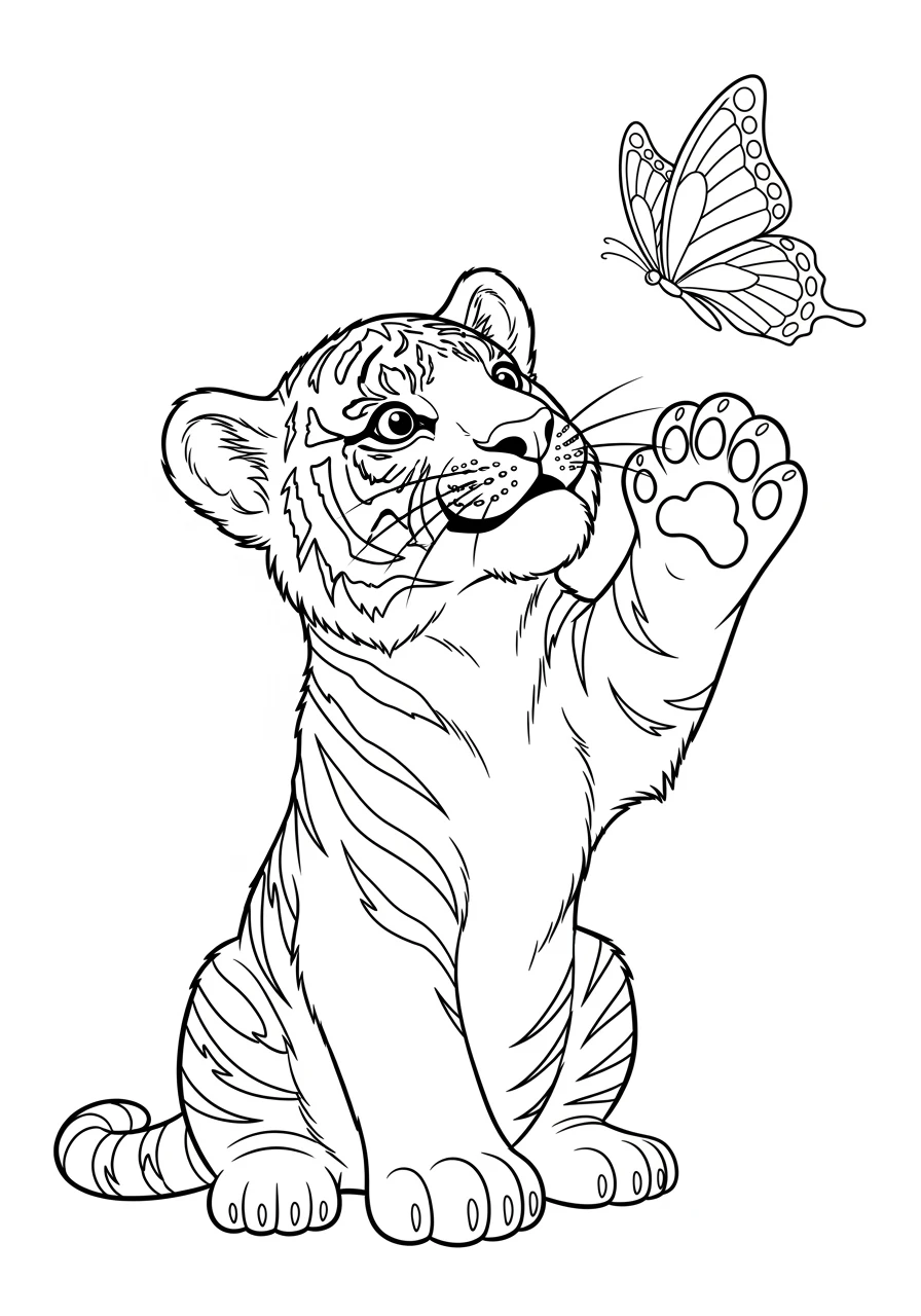 Kleiner Tiger spielt mit Schmetterling