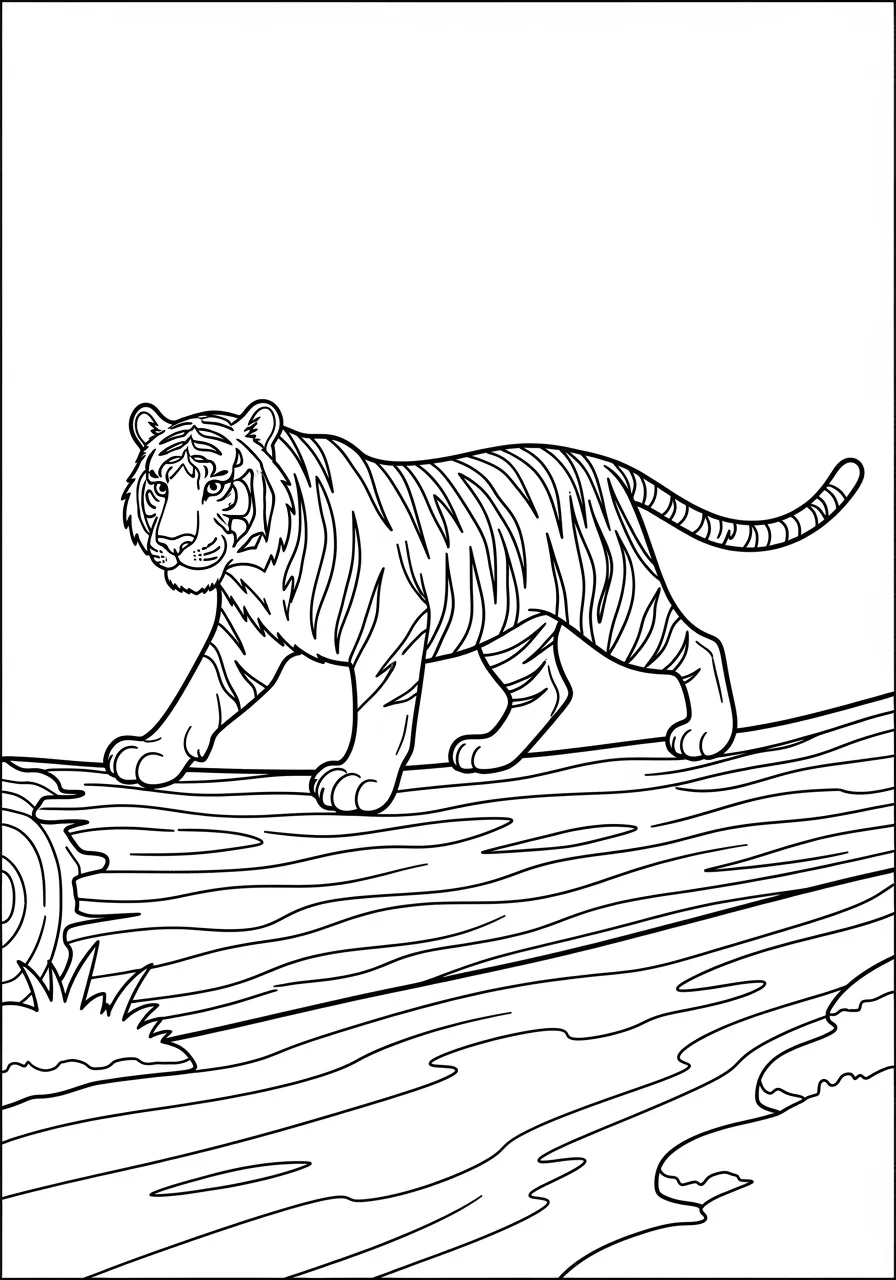 Tiger balanciert auf Baumstamm