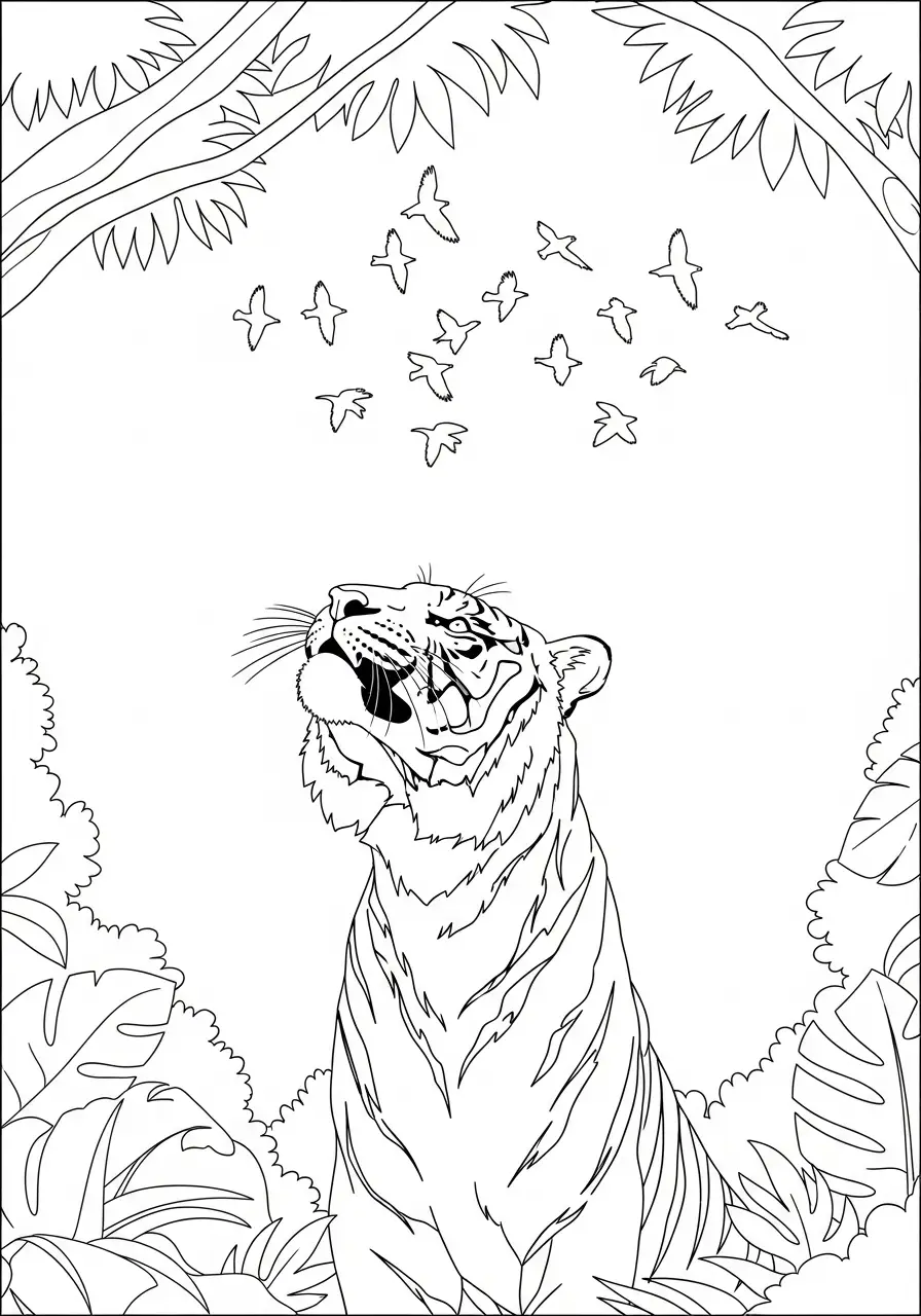 Tiger blickt zu Vögeln