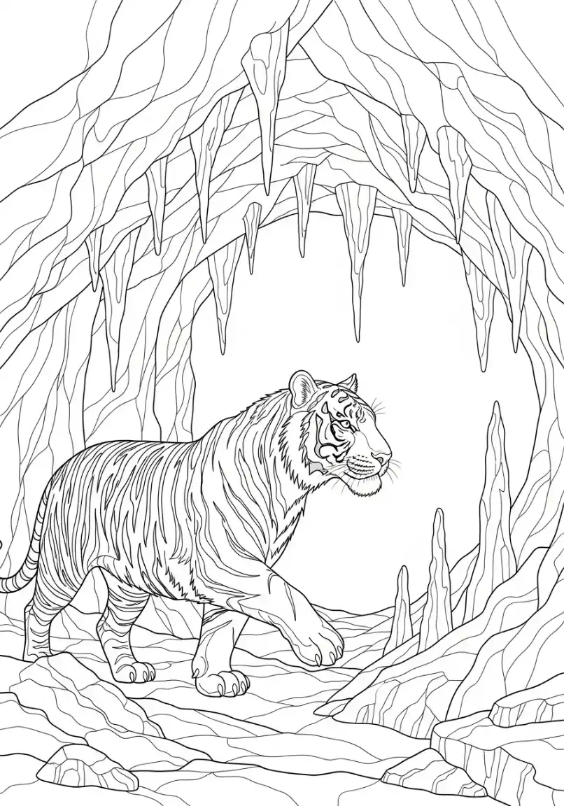Tiger erkundet eine Felshöhle
