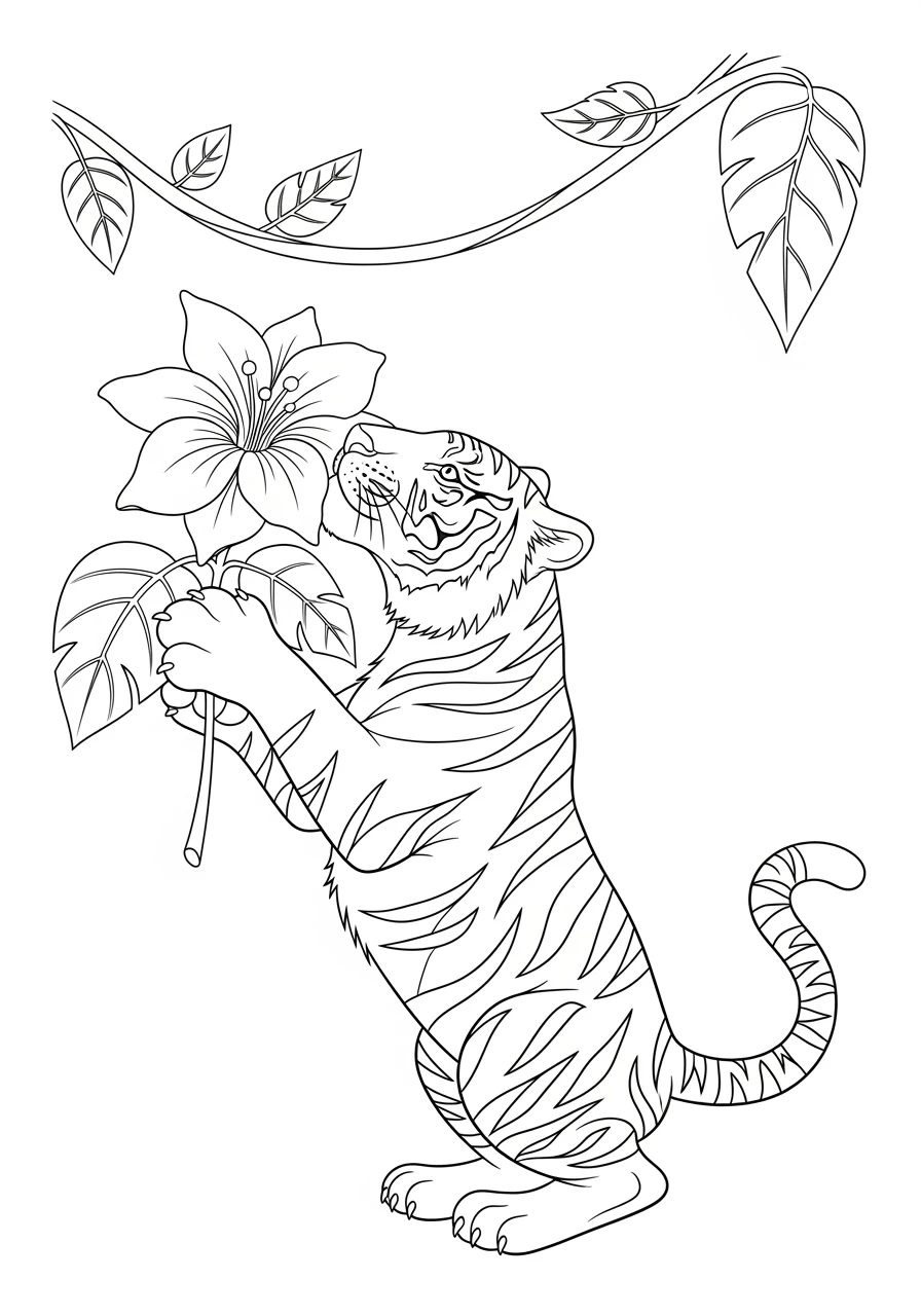 Tiger mit tropischer Blüte