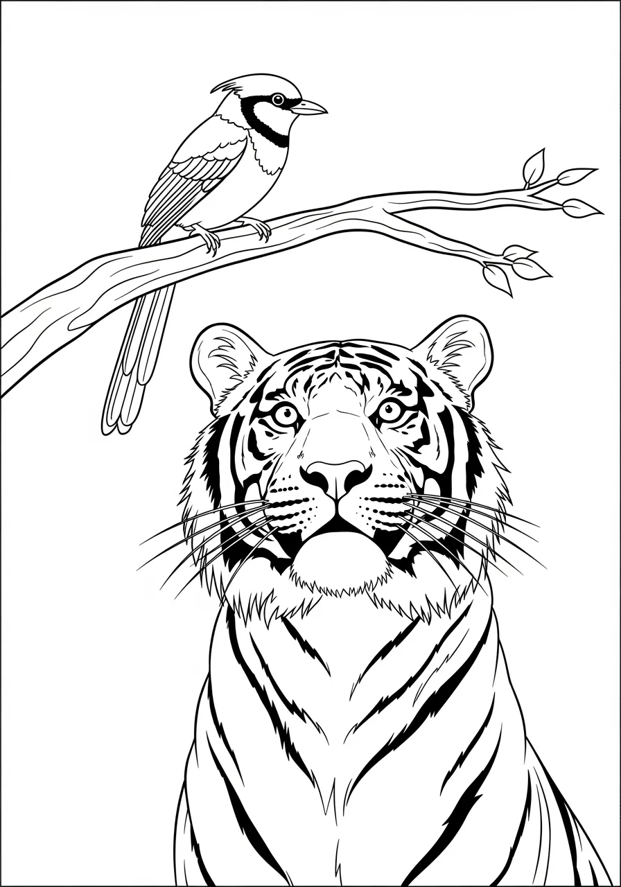 Tiger und kleiner tropischer Vogel