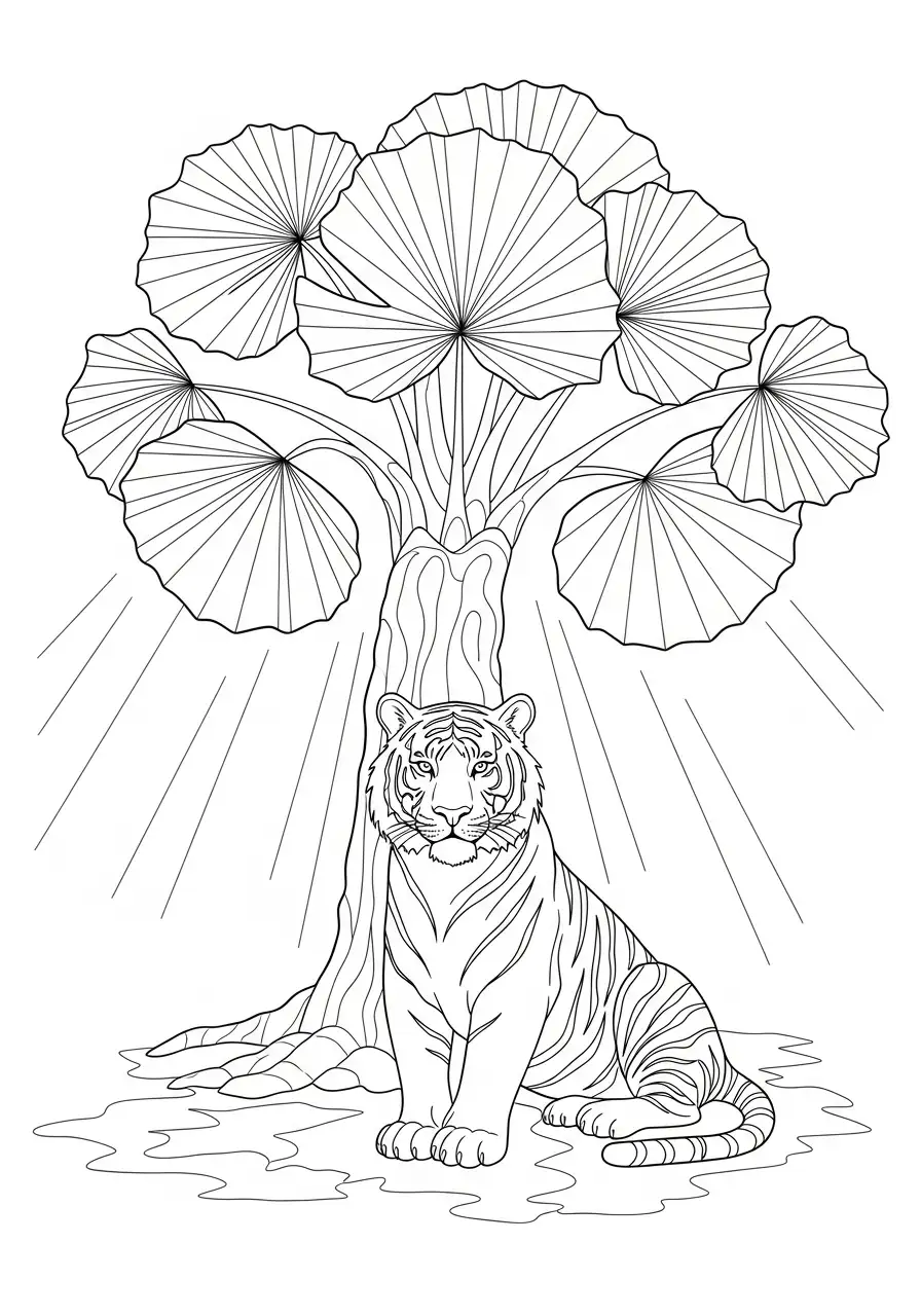 Tiger unter tropischen Blättern