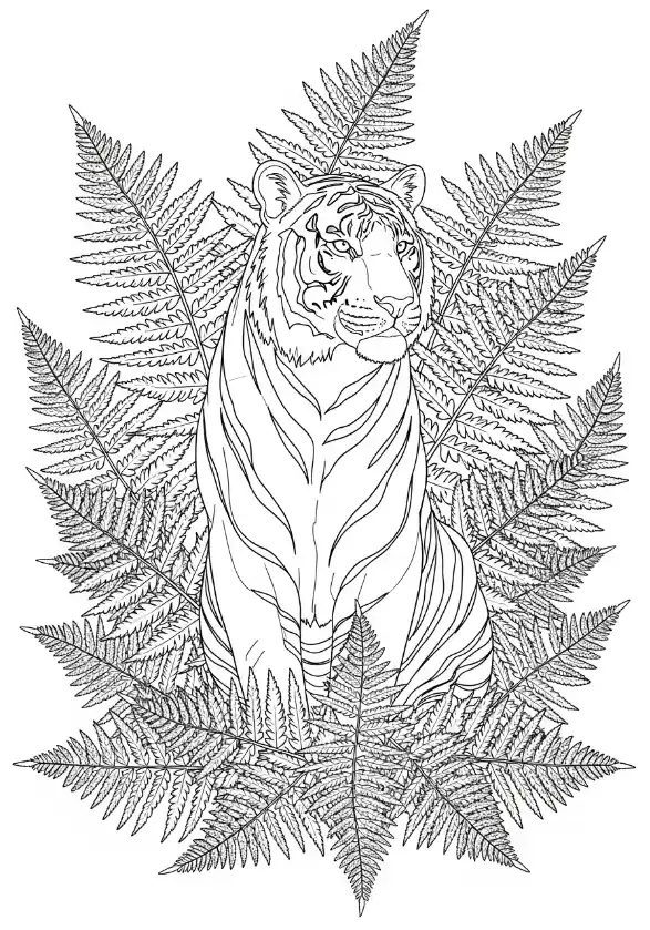 Tiger zwischen exotischen Farnen