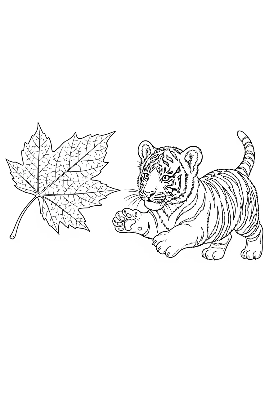 Tigerbaby spielt mit herbstlichem Blatt