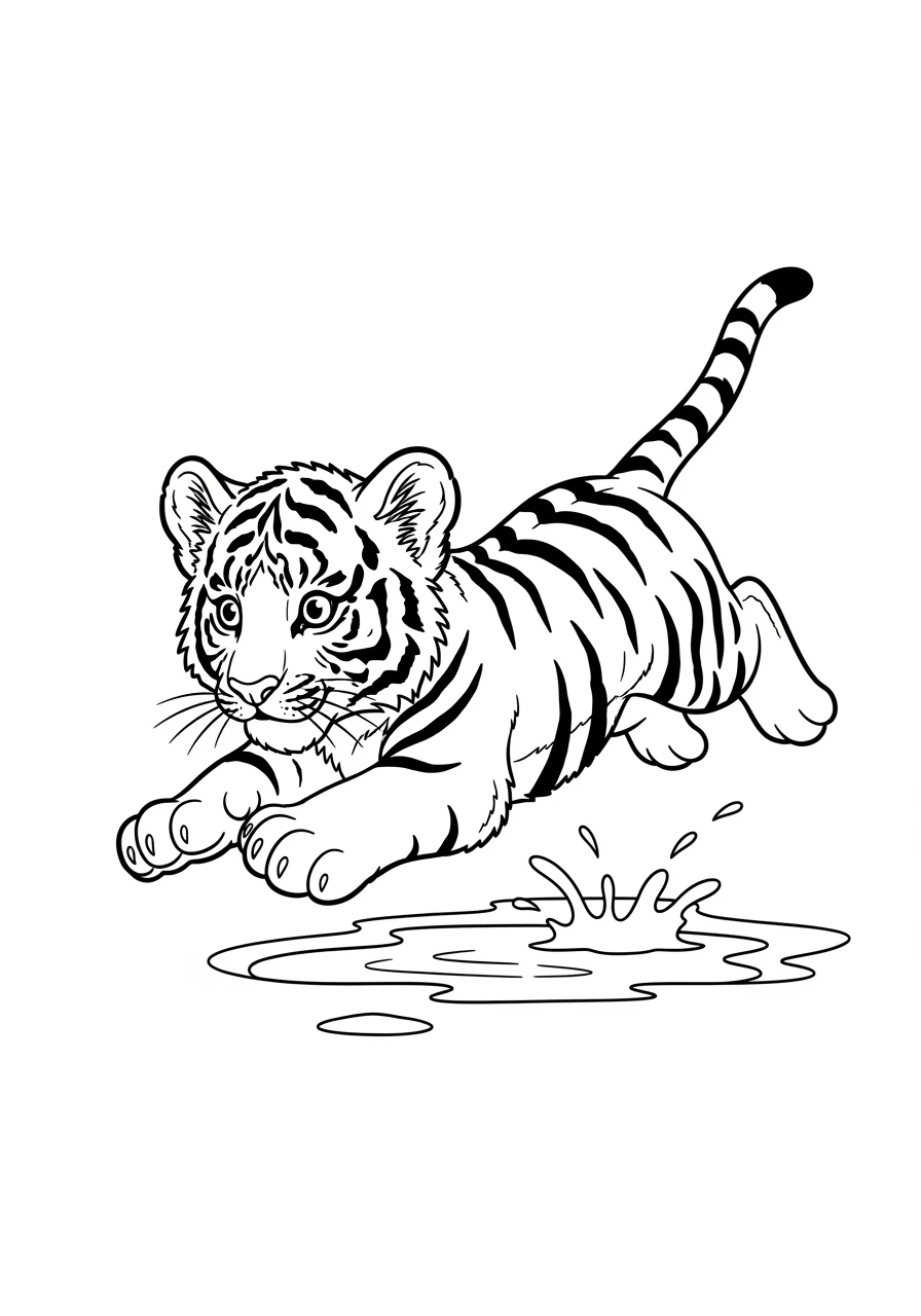 Tigerbaby springt über eine Pfütze