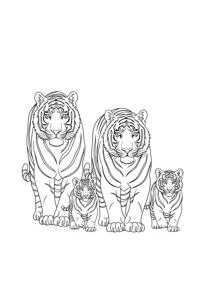 Tigerfamilie beim gemeinsamen Spaziergang