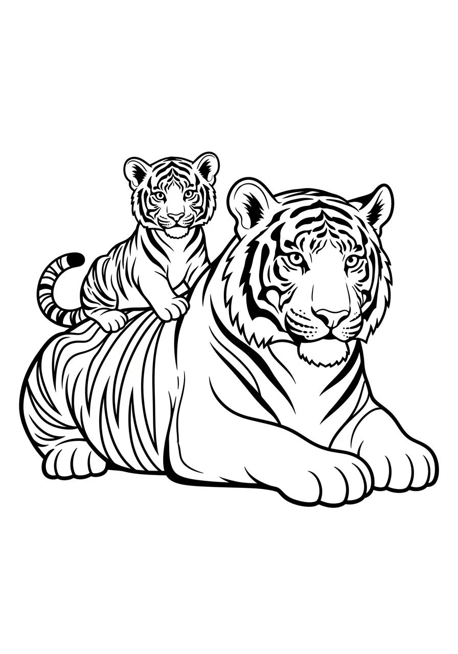 Tigerjunges auf seiner ruhenden Mutter