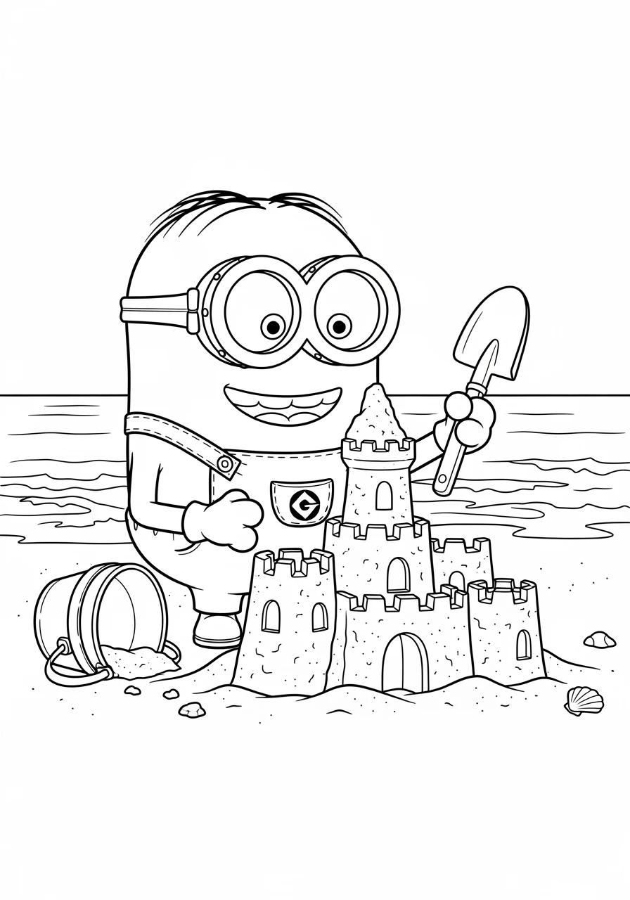 Minion baut Sandburg am Strand