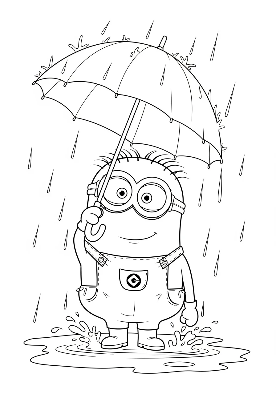 Minion mit Schirm im Regen