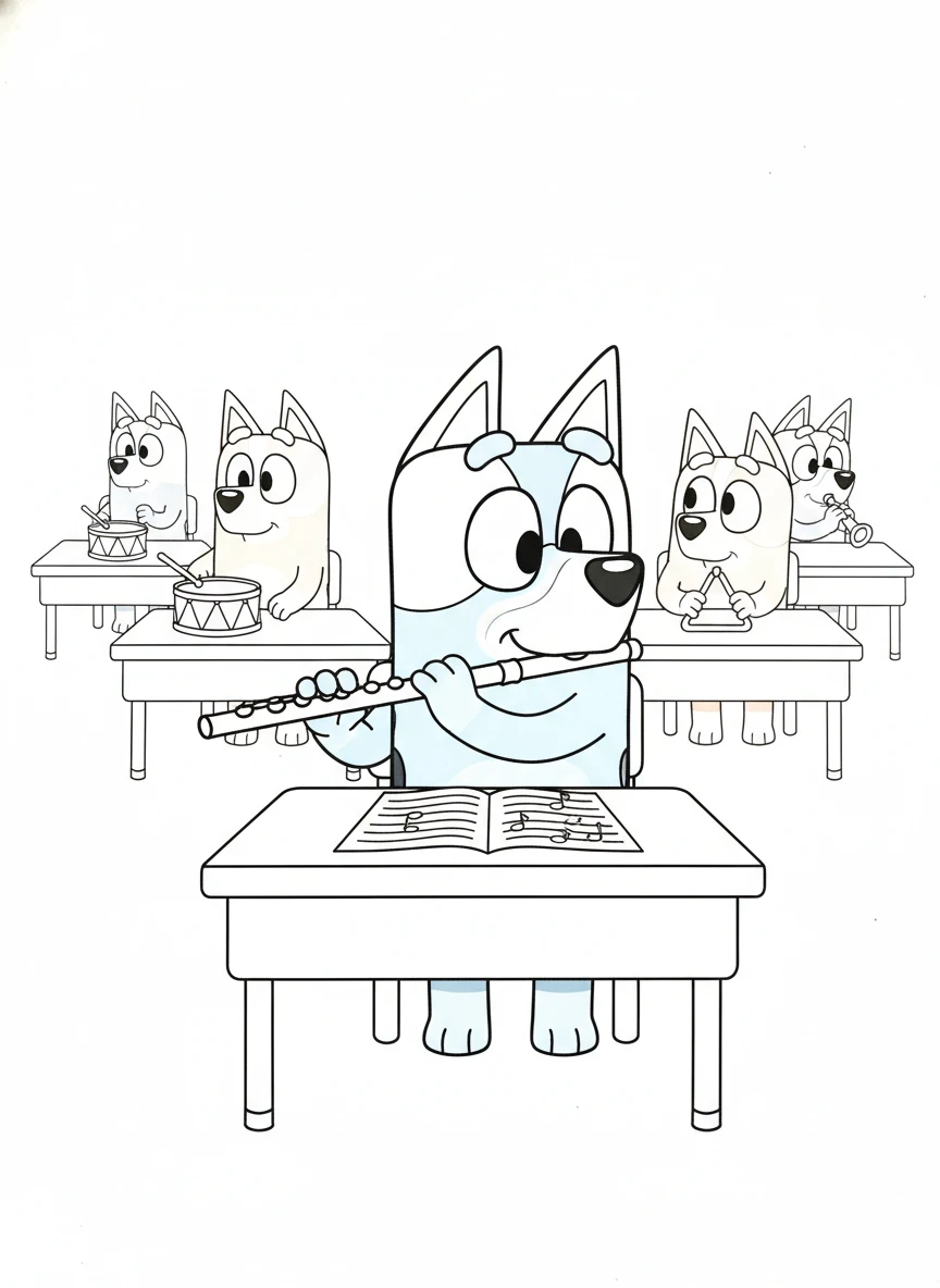 Bluey spielt Flöte im Klassenzimmer