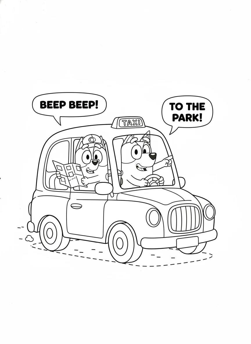 Bluey und Bingo spielen Taxi
