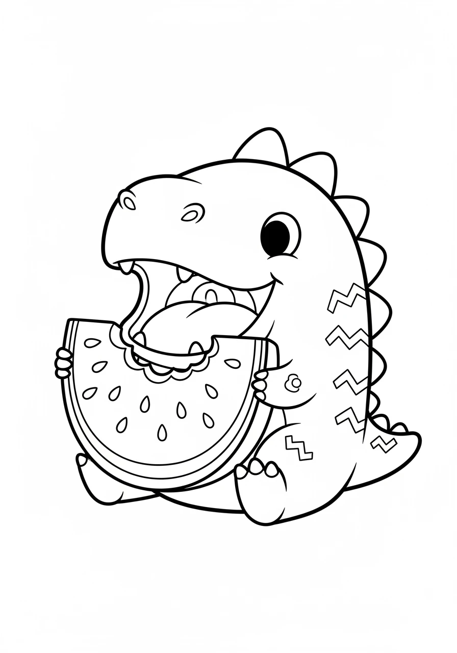 Dino genießt ein Stück Wassermelone